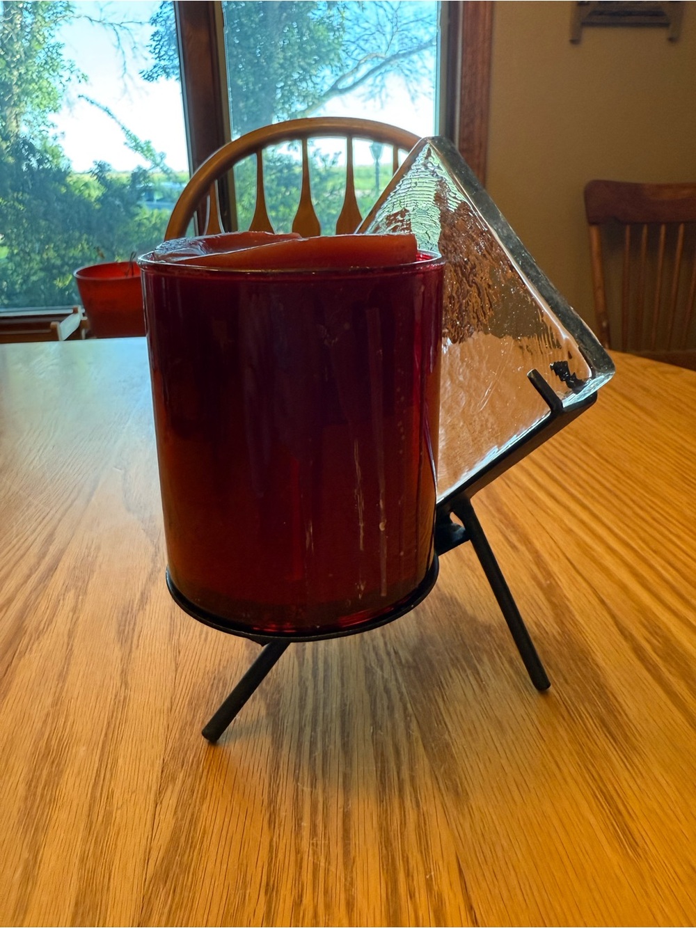 Red Glass Candle Holder with Black Metal Stand